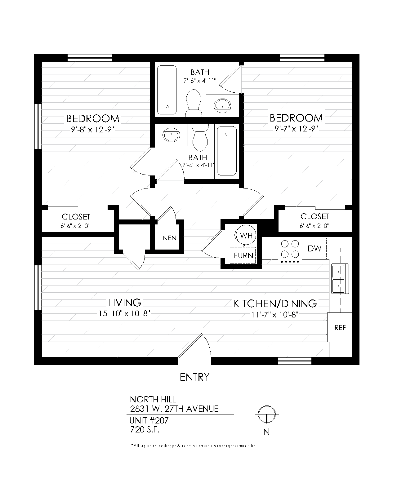 Floor plan for 2 beds, 2 baths, 765 sqft